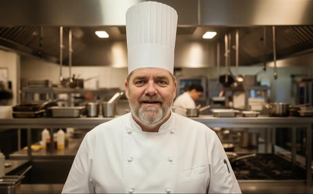 Kok i professionelt køkken med udstyr i baggrunden